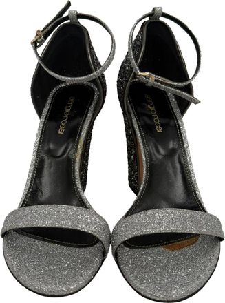 Sergio Rossi Glitter Block Heels in Silver Metallic Glitter