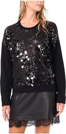 Vince Camuto Paillette Crew Neck Womens Clothing Rich Black : SM, Acrylic/Polyester/Spandex
