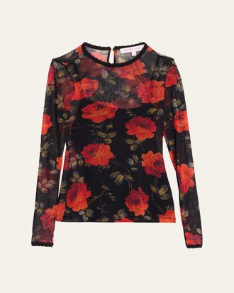 Carolina Herrera Rose Mesh Long-Sleeve Top