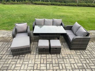 Fimous 7 Piece Rattan Garden Furniture Set with Patio Sofa Rectangular Dining Table 3 Small Footstools Indoor Conservatory Patio Set in Dark Grey