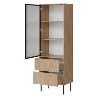 Dmora Vitrina Zanica, Mueble Expositor 2 Estantes, 2 Cajones, 1 Puerta, 60x40x185h Cm Marr&oacute;n Roble