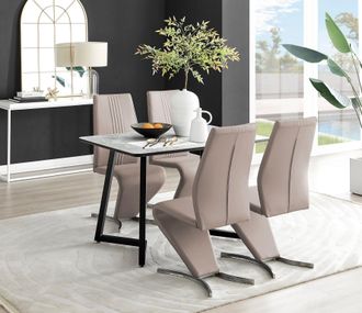 Furniturebox Carson White Marble Effect Dining Table & 4 Willow Chairs in Beige