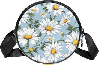 Generic Circle Crossbody Bag for Women, Daisies Floral Small Sling Bag Daypack with Zipper Adjustable Shoulder Straps Casual Ladies Girls Round Purse