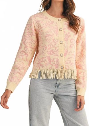 Merci Floral Fringed Sweater Cardigan In Pink/cream