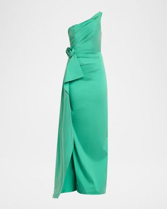 Teri Jon Draped One-Shoulder Taffeta Column Gown