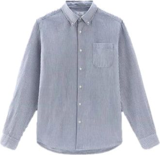 Woolrich Gestreept overhemd met knopen - Heren - Casual Overhemden - Blauw - XL - Katoen - Overhemden