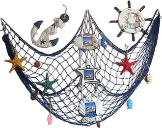 OEM Filet De Peche - 200 X 150 Cm - Bleu - Coquillages - Suspension Murale Ou Plafond
