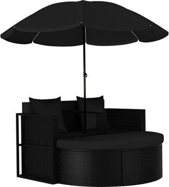 vidaXL Cama De Jard&iacute;n Con Sombrilla Rat&aacute;n Sint&eacute;tico Negro Vidaxl