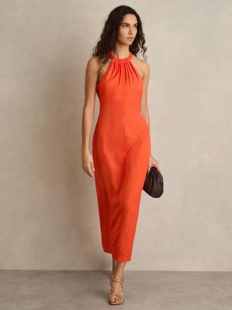 Reiss Womens Red Whipstitch Halterneck Midi Dress, Size: 16