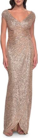 La Femme Sequin Evening Dress with Ruching and V Neckline in Rose Gold at Nordstrom, Size 18
