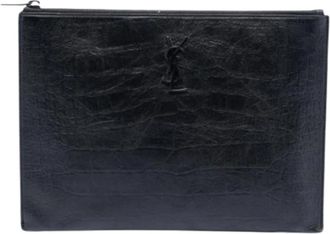 Saint Laurent Pre-owned Croc Embossed Clutch - Dames - Vintage Clutch - Zwart - ONE Size - Leer - Vintage