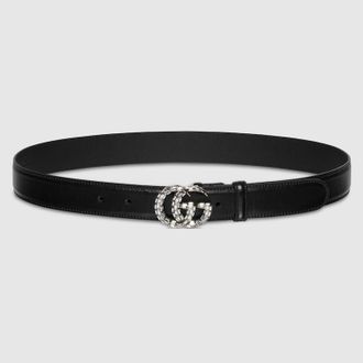 Gucci GG Marmont Thin Belt With Crystals, Black, Leather