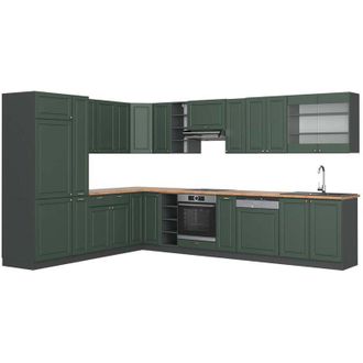 Vicco Cocina Esquinera Fame-line, Verde-dorado Casa De Campo/antracita, 347 X 257 Cm, Et Roble