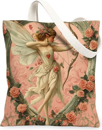 Generic Oil Painting Valentines Day Gnome Canvas Tote Bag for Shopping 13x15, Fun Aesthetic Rose Love Heart Reusable Grocery Print Bag for Women, Holiday Beac