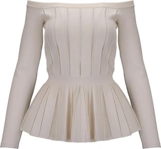 Elisabetta Franchi Geribbelde trui met ronde hals en minirok - Dames - Blouses - Beige - L - Polyester - Overhemden