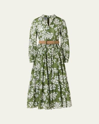 Akris Floral Cotton Muslin Tiered Midi Shirtdress
