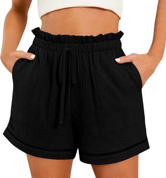 Generic Black Shorts Women, Elastic Waist Wide Leg Drawstring Comfy Shorts with Pockets Summer Holiday Clothes for Women