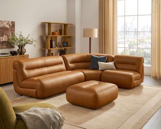 Castlery Tovi Leather 3-Piece Chaise Sectional Couch with Ottoman, Mocha Brown