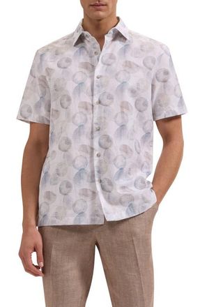 Bugatchi Vero Shaped Fit Abstract Print Short Sleeve Button-Up Shirt in Platinum at Nordstrom, Size Xxx-Large