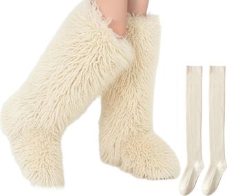 Generic Furry Boots for Women Thigh High, Over the Knee Fluffy High Boots, Tall Flat Winter Snow Warm Winter Shoes (J,6.5)