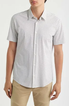 BOSS Roan Kent Slim Fit Short Sleeve Performance Button-Up Shirt in White/green at Nordstrom, Size Xx-Large