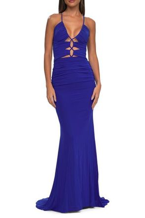 La Femme Unique Cut Out Net Jersey Prom Dress in Royal Blue at Nordstrom, Size 00