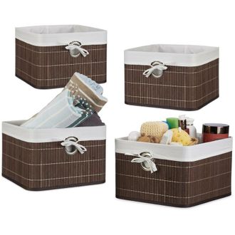 Relaxdays Set of 4 Relaxdays Storage Basket, Fabric Lining, Bamboo, Rectangular, Bathroom, Accessories, HxWxD: 20x31x31 cm Brown