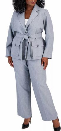 Le Suit Belted Safari Jacket Pantsuit Set - Plus In Light Blue