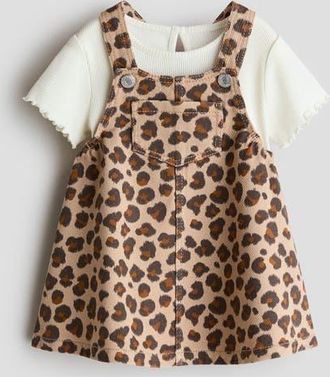 H&M 2-piece overall dress and top set in Beige/leopard Print at Nordstrom, Size 18M