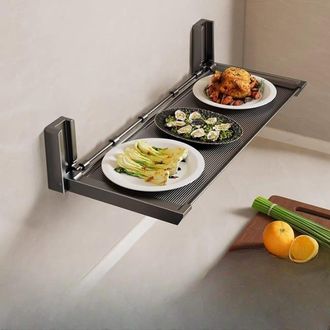 OEM Estanter&iacute;a De Cocina Para Preparaci&oacute;n De Verduras Sin Agujeros, Estante Plegable De Pared De Varios Niveles + 5 Ganchos, Gris Oscuro, 48188 Cm