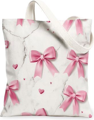 Generic Stylish Bow Canvas Tote Bags, Elegant Ribbon Heart Pattern Reusable Grocery Bags, Spring Chic Lightweight Washable Shoulder Strap Canvas for Travel 13