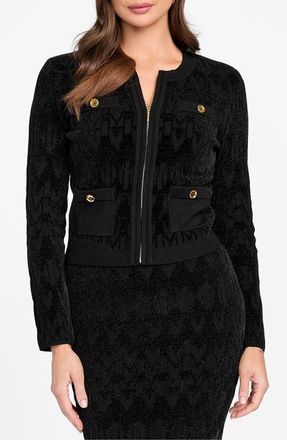Marciano Adele Logo Jacquard Chenille Zip-Up Cardigan in Jblack-Black at Nordstrom, Size X-Small
