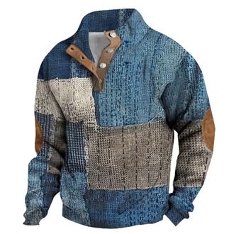 Generic Mens Sweatshirts Jumpers Mens Retro Plaid Printed Standing Collar Casual Sweatshirt Hoodie Long Sleeve Casual Sweatshirt (Blue, L)