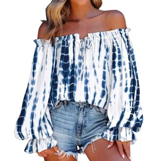 Generic 2024 Summer Women Summer Off Shoulder Shirt Floral Print Casual Long Sleeve Off Shoulder V Neck Tops Retro Ethnic Style Loose Blouse Features: Womens 
