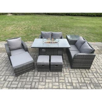 Fimous Outdoor Sofa Rattan Garden Furniture Set Patio Gas Fire Pit Dining Table and Reclining Chair set with Side Table 3 Footstools Dark Grey Mixed - Fimous