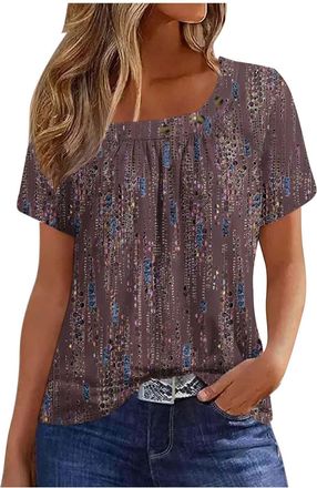 Generic 2025 Blouse for Women UK Summer Short Sleeve Button Square Neck T-Shirt Dressy Casual Floral Print Tops Ladies Fashion Pleated Lightweight Shirts Goin