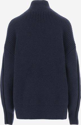Carven Womens Turtleneck Sweater Ribbed Cashmere Navy