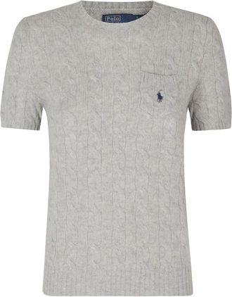 Polo Ralph Lauren Trui met kabelsteek en borstzak- korte mouwen - Dames - Ronde hals truien - Grijs - L - Wol - Truien & Vesten