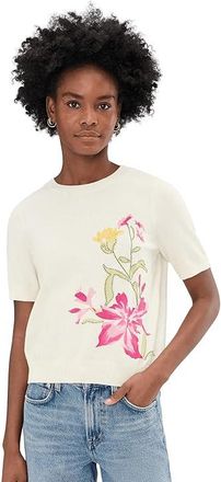 Vince Camuto Placed Print Crew Neck Womens Clothing Antique White : LG, Cotton