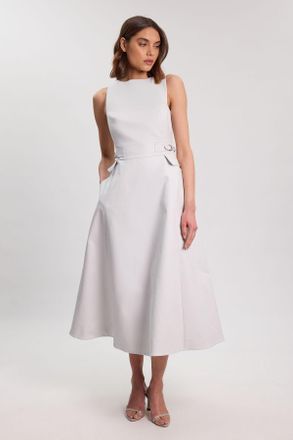 Karen Millen Womens Premium Cotton Tailored Fabric Belted Buckle Midi Dress - Grey - Size 12 UK