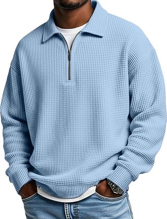 Generic Mens Waffle Knit Jumper Sweatshirt Long Sleeve Solid Color Minimalist Half Zip Neck Top Casual Modern Thickened Light Blue XXL