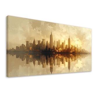 Feeby Cuadro Sobre Lienzo, Ciudad Moderna Del Futuro En Tonos Beige Y Dorado, 120x60