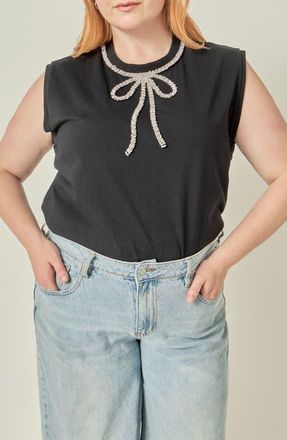 English Factory Rhinestone Bow Sleeveless Top in Black at Nordstrom, Size 3X