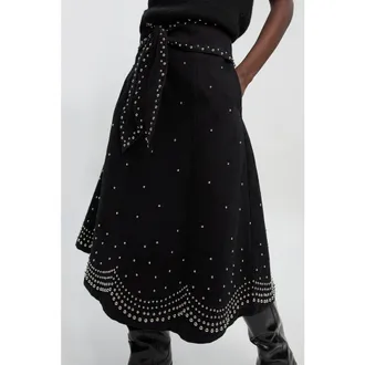 Karen Millen Studded Tie Belt Midi Skirt in Black at Nordstrom, Size 4