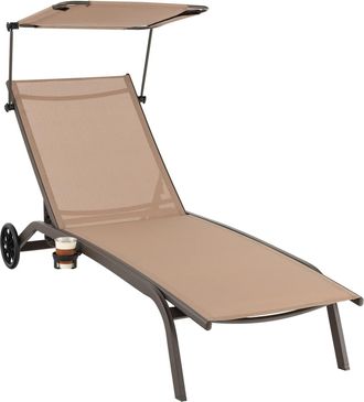 Costway Costway Tumbona Jardin Reclinable 6 Niveles, 2 Ruedas, Tumbona Playa Parasol Ajustable Y Portavasos, 191 X 61 X 96cm, Carga 150kg, Exteriorterraza Bal