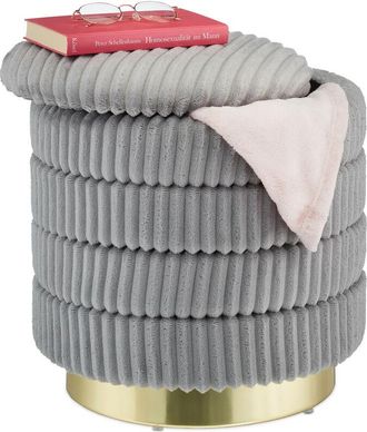 Relaxdays Velvet Ottoman with Storage Space, Round, Elegant Upholstered Stool, HxØ: 43.5 x 41 cm, Corduroy, Grey/Gold - Relaxdays