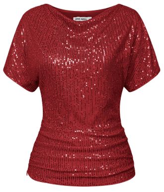 Grace Karin Womens 2024 Summer Sequin Party Tops Short Sleeve Folds Round Neck Glitter Blouse Red XXL