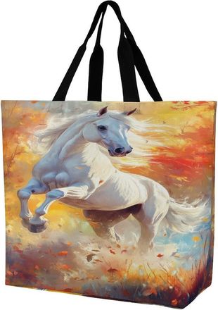 Generic White Arabian Horse Reusable Shopping Bags Large Capacity Grocery Bag Heavy Duty Tote for Women 40x40x16cm