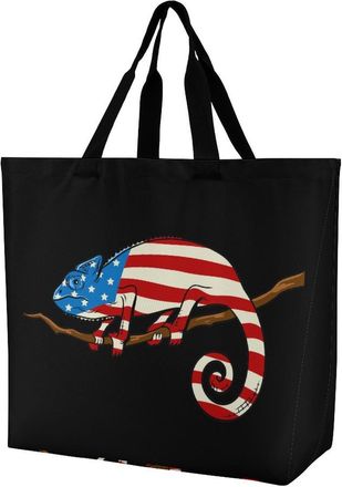 Generic Chameleon U.S. Flag Reusable Shopping Bags Large Capacity Grocery Bag Heavy Duty Tote for Women 40x40x16cm