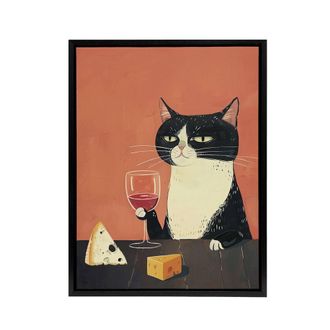 Artery8 Tuxedo Cat Drinking Wine With Cheese Framed Canvas Wall Art Print in Orange | Size: W24 x H32